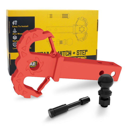 A-BOAR towing hitch step with 2-inch ball on top for versatile RV towing and recovery.