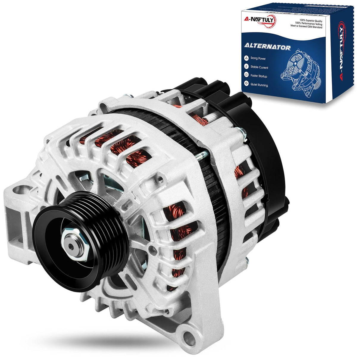 A-NAFTULY 150A alternator front view showing compact high-output design for steady power