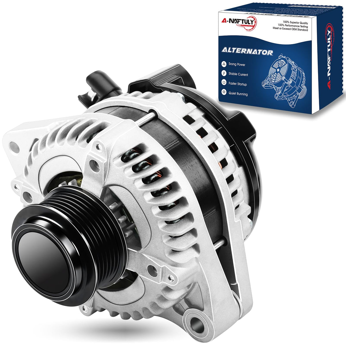 A-NAFTULY 11573N front view showing compact high-output alternator for Honda models.