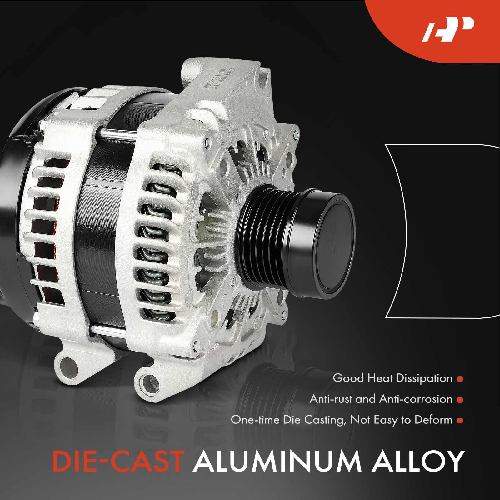 A-Premium alternator 6-groove pulley close-up, smooth belt engagement.