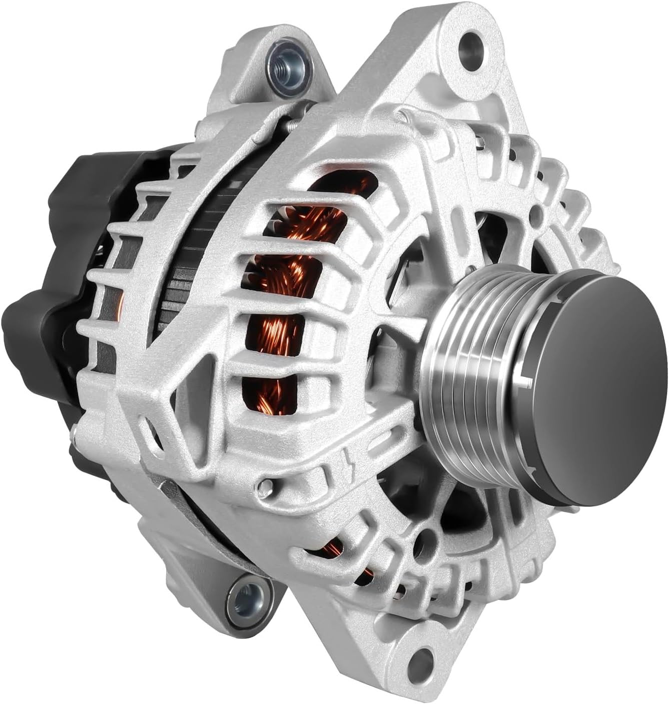 Hikevent 11710N front view alternator highlighting sturdy aluminum housing for dependable charging.