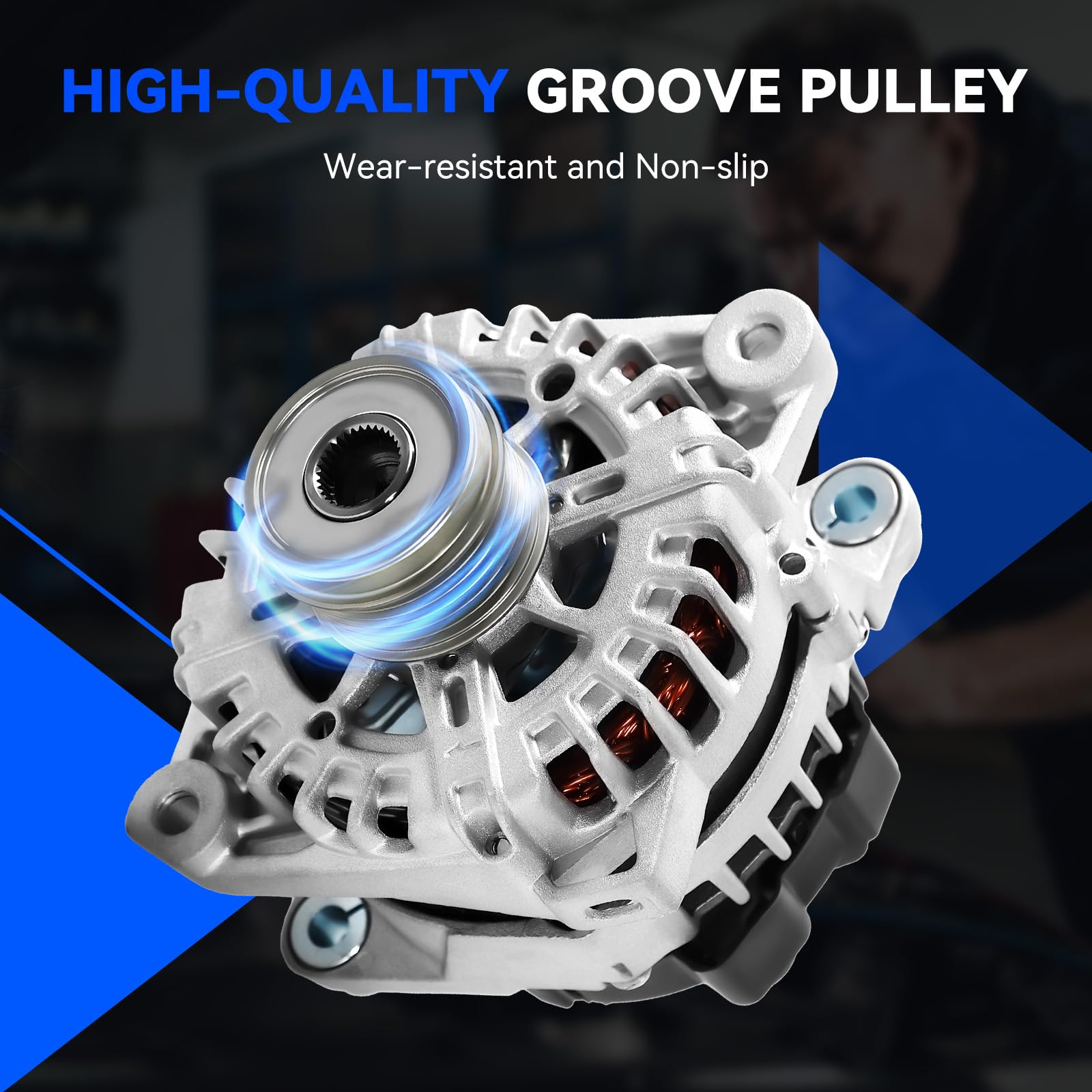 Hikevent 150-amp alternator copper windings closeup emphasizes high efficiency electrical performance.