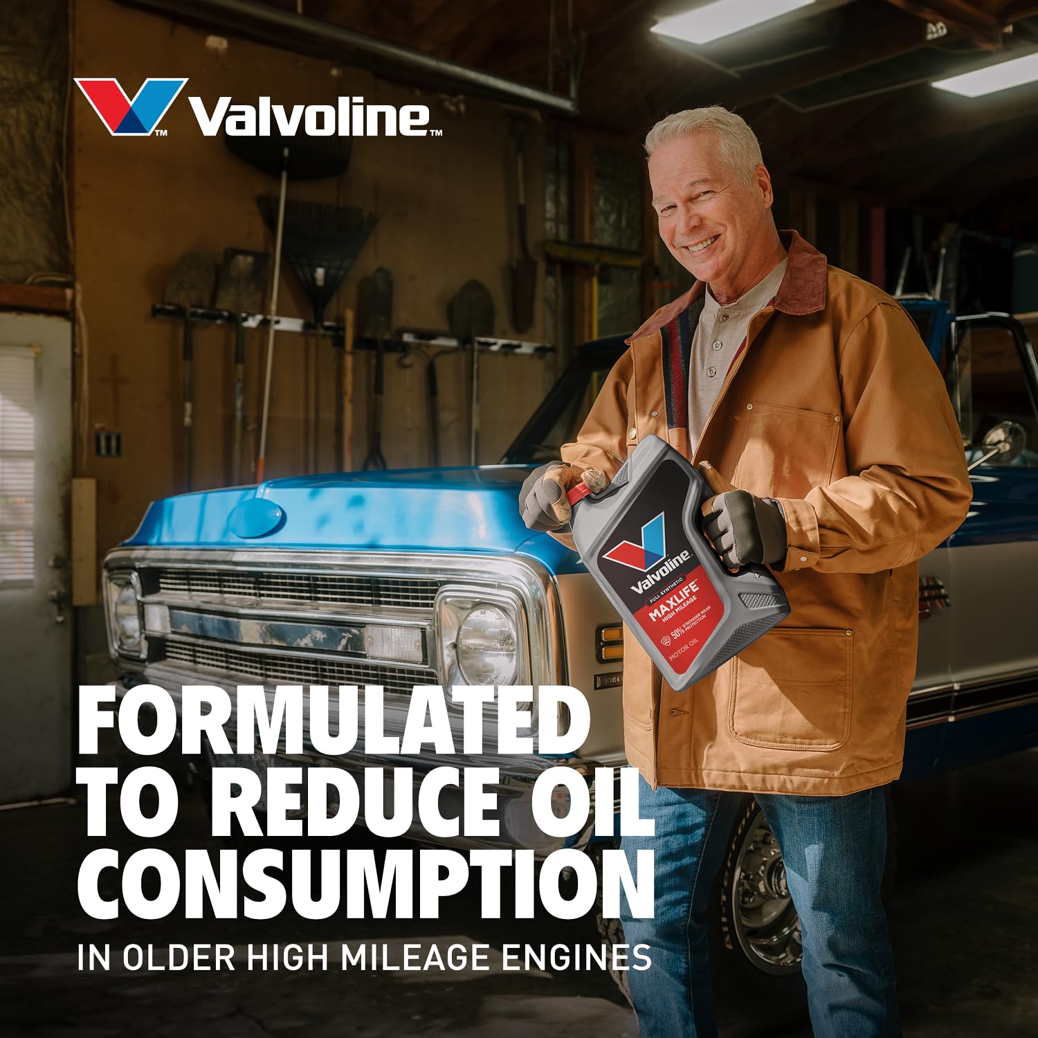 Valvoline MaxLife product label close-up notes 75k+ mile suitability.